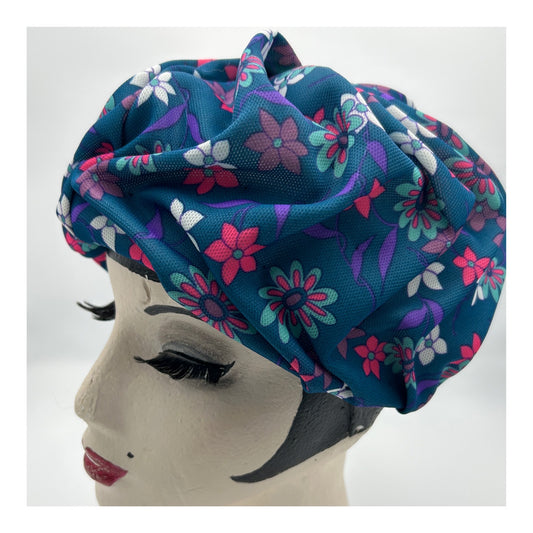 Vintage 1960s Petrol Blue Pink & Purple Floral Print Pleated Turban Style Pill Box Hat