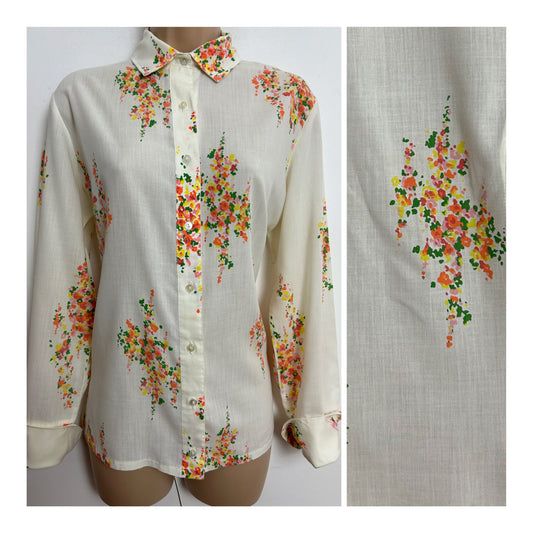 Vintage 1970s UK Size 14-16 Cotton Mix Cream Orange & Green Floral Print Long Sleeve Shirt