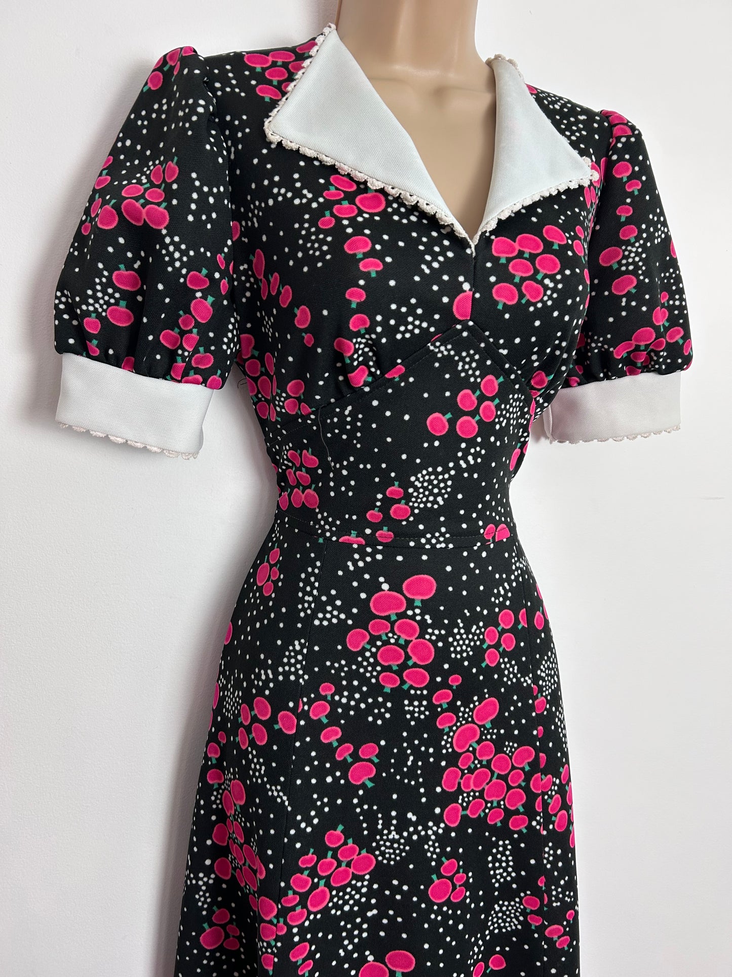 Vintage 1970s UK Size 10 Black Pink & White Spot & Stylised Apple Print Maxi Dress