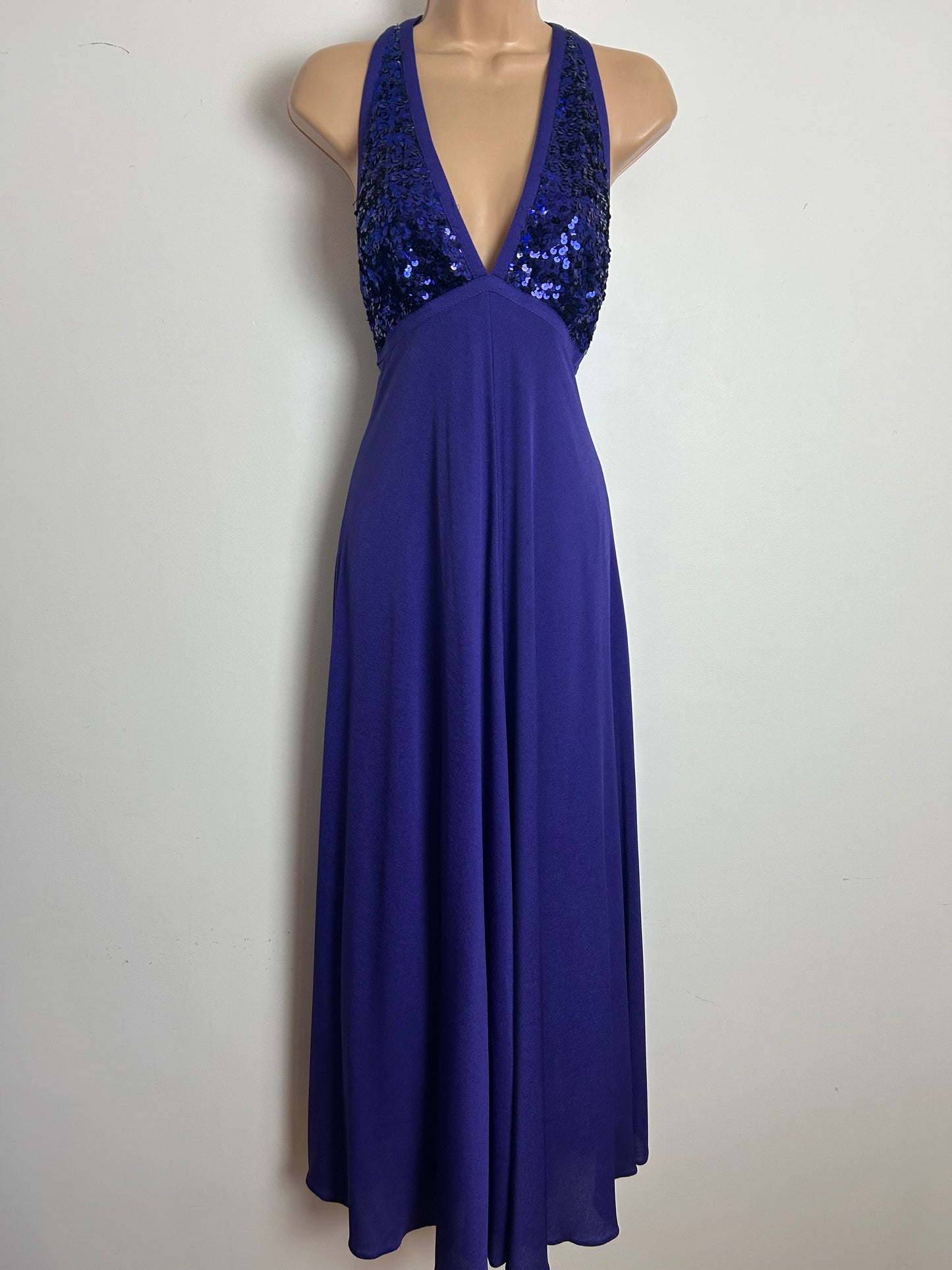 Vintage 1970s YVETTE Size 8 Purple Sequin Bodice Plunge Neck Evening Party Maxi Dress