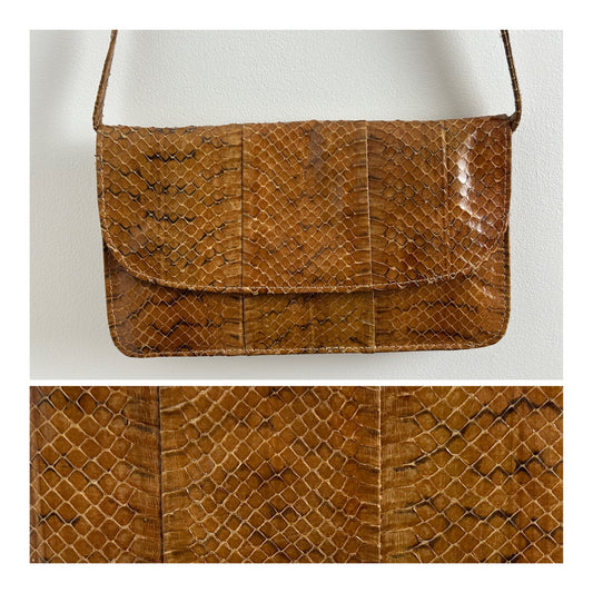 Vintage 1970s Small Tan Brown Real Snake Skin/Reptile Shoulder Bag Or Clutch