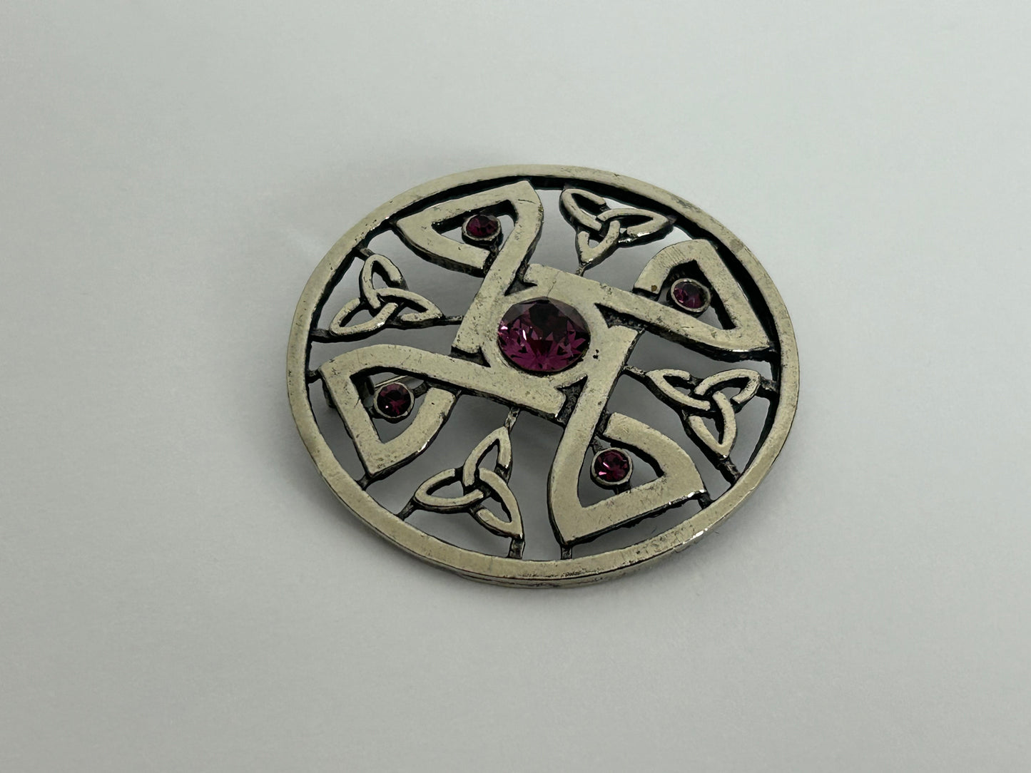 Vintage Celtic Scottish Silver Celtic Knot Stamped Purple Stone Set Round Brooch