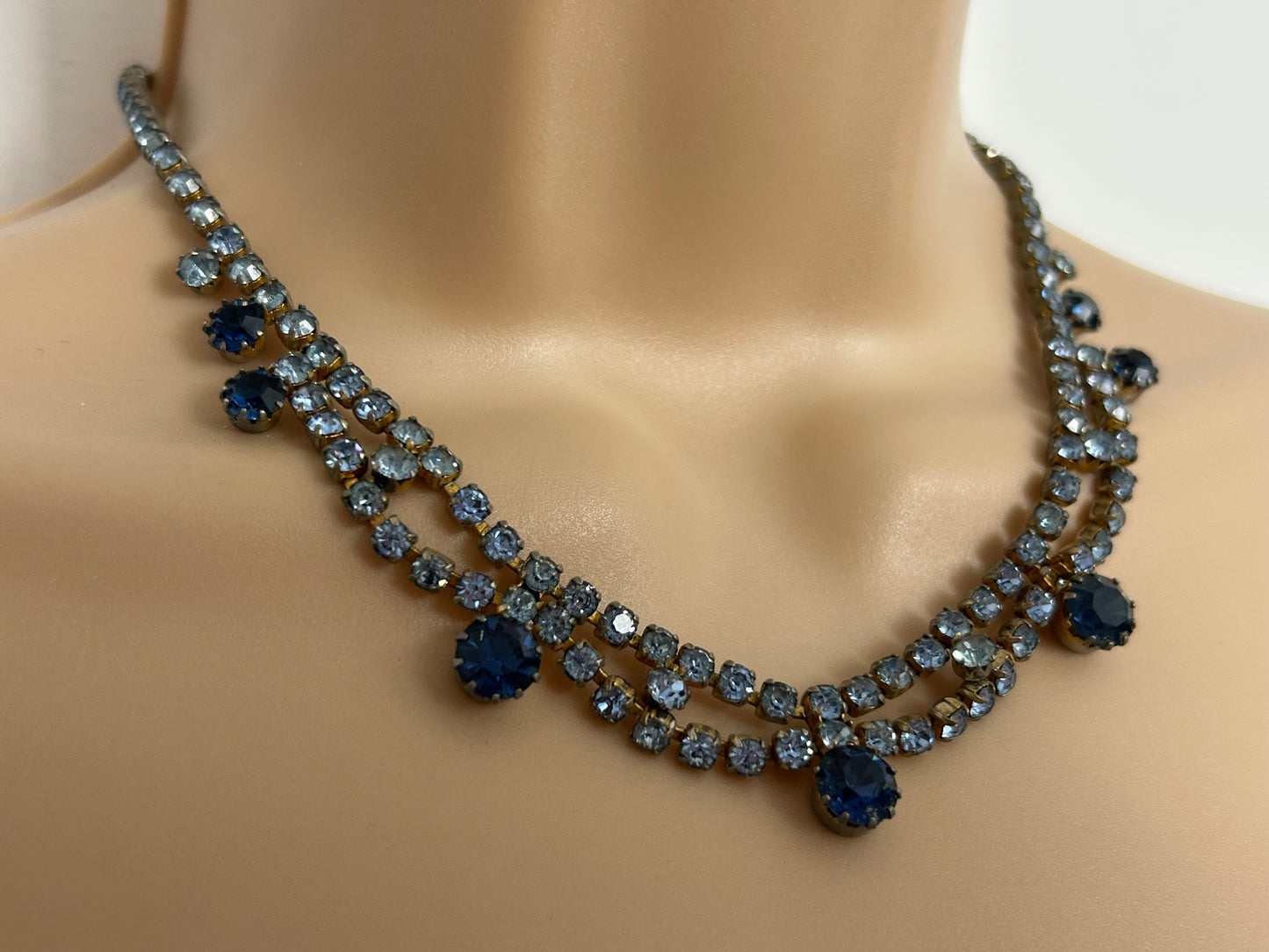 Vintage 1960s Gold Tone & Blue Diamante & Glass Stone Set Necklace