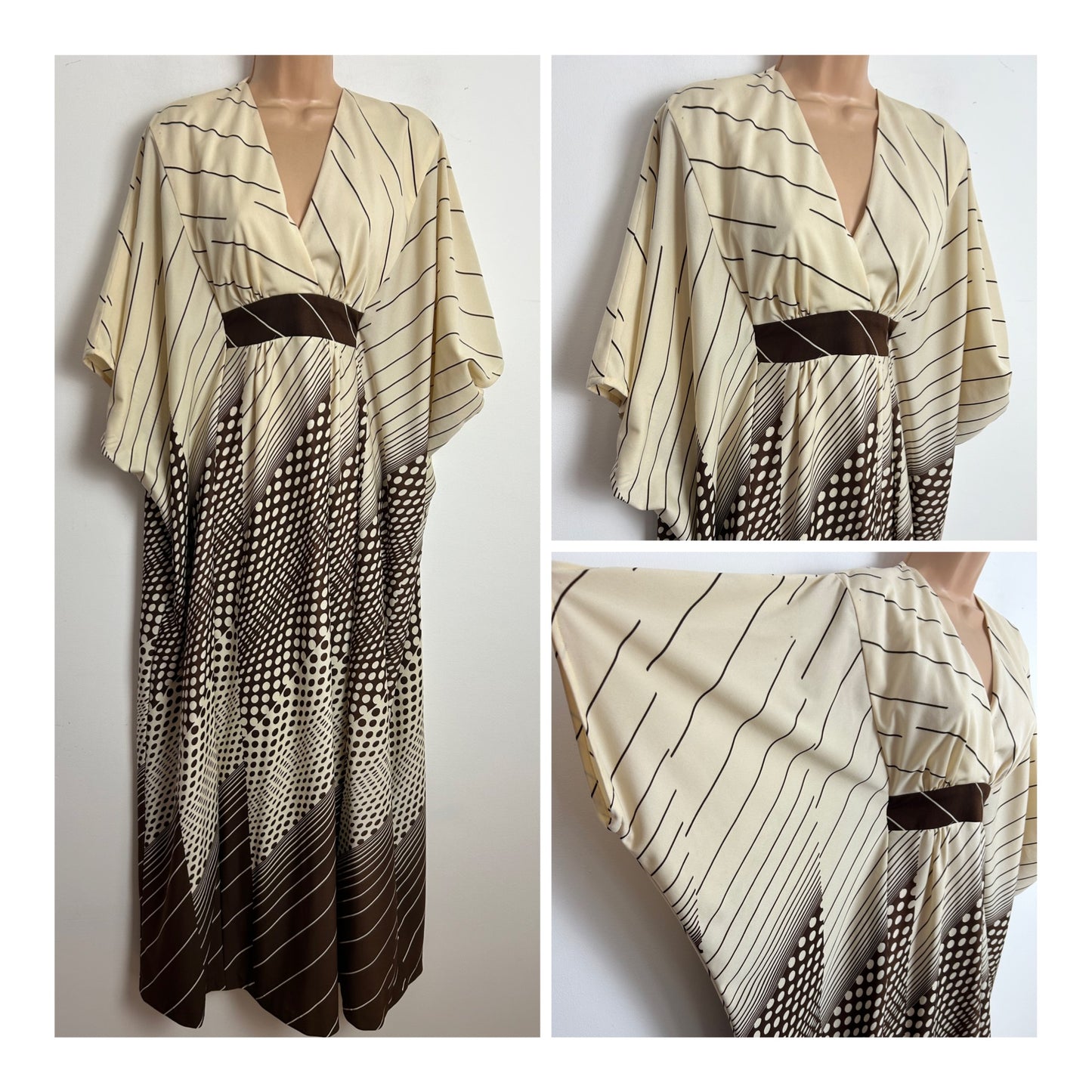 Vintage 1970s Up To Size 18/20 Cream & Brown Stripe & Polka Dot Print Wide Sleeve Kaftan Maxi Dress