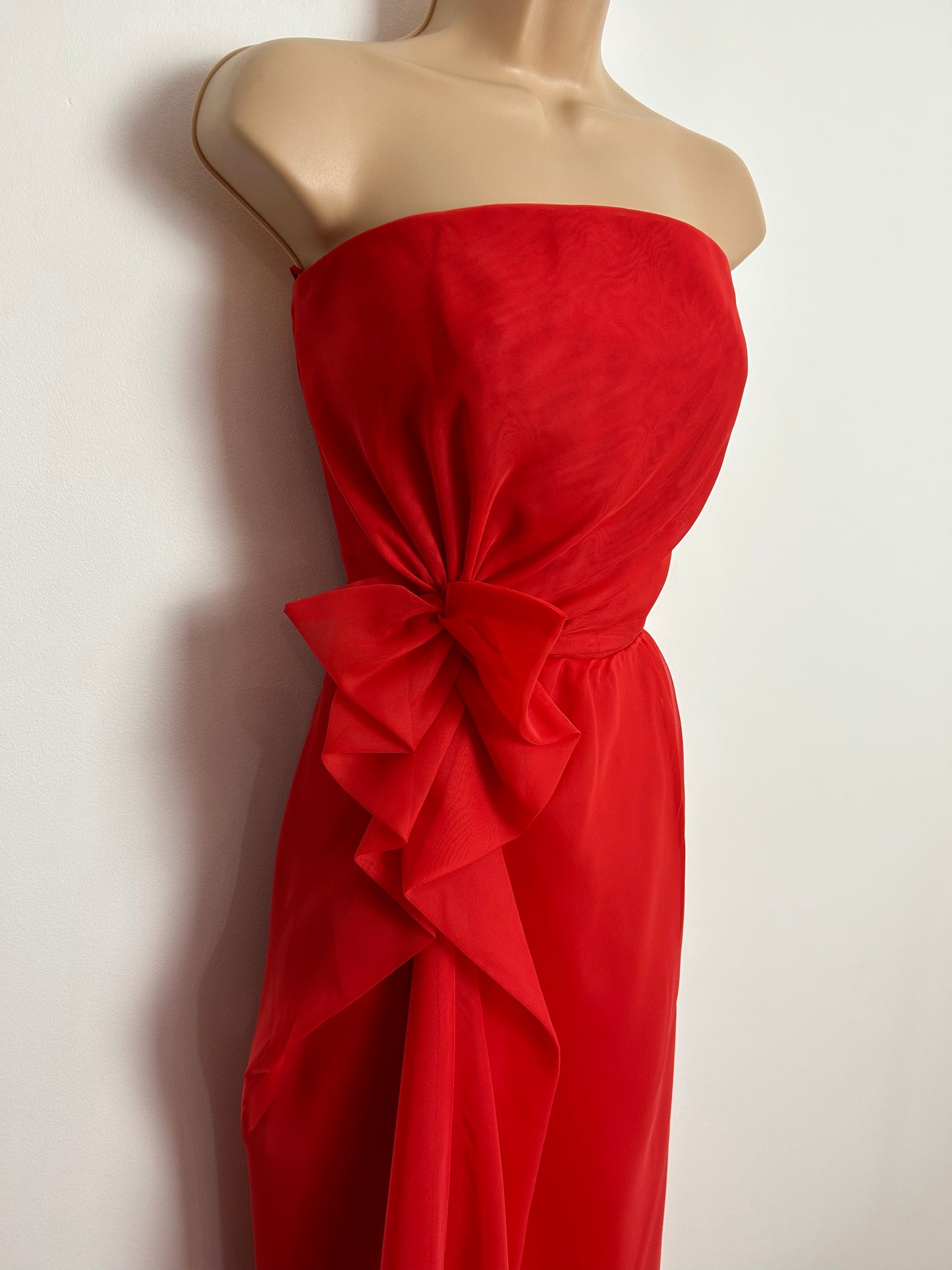 Vintage 1980s UK Size 10 FRANK USHER Red Strapless Boned Bow Ruffle Detail Cocktail Party Occasion Evening Dress