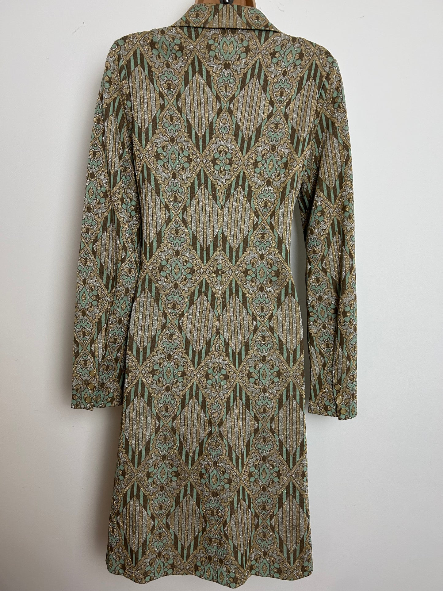 Vintage 1970s Size 12 Brown Mint Green Metallic Gold & Silver Lurex Abstract Stripe Print Long Sleeve Occasion Party Dress