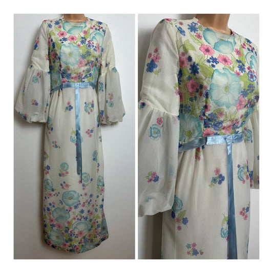 Vintage Late 1960s Size 8 White Blue & Pink Floral Print Long Sleeve Nylon Prairie Maxi Dress