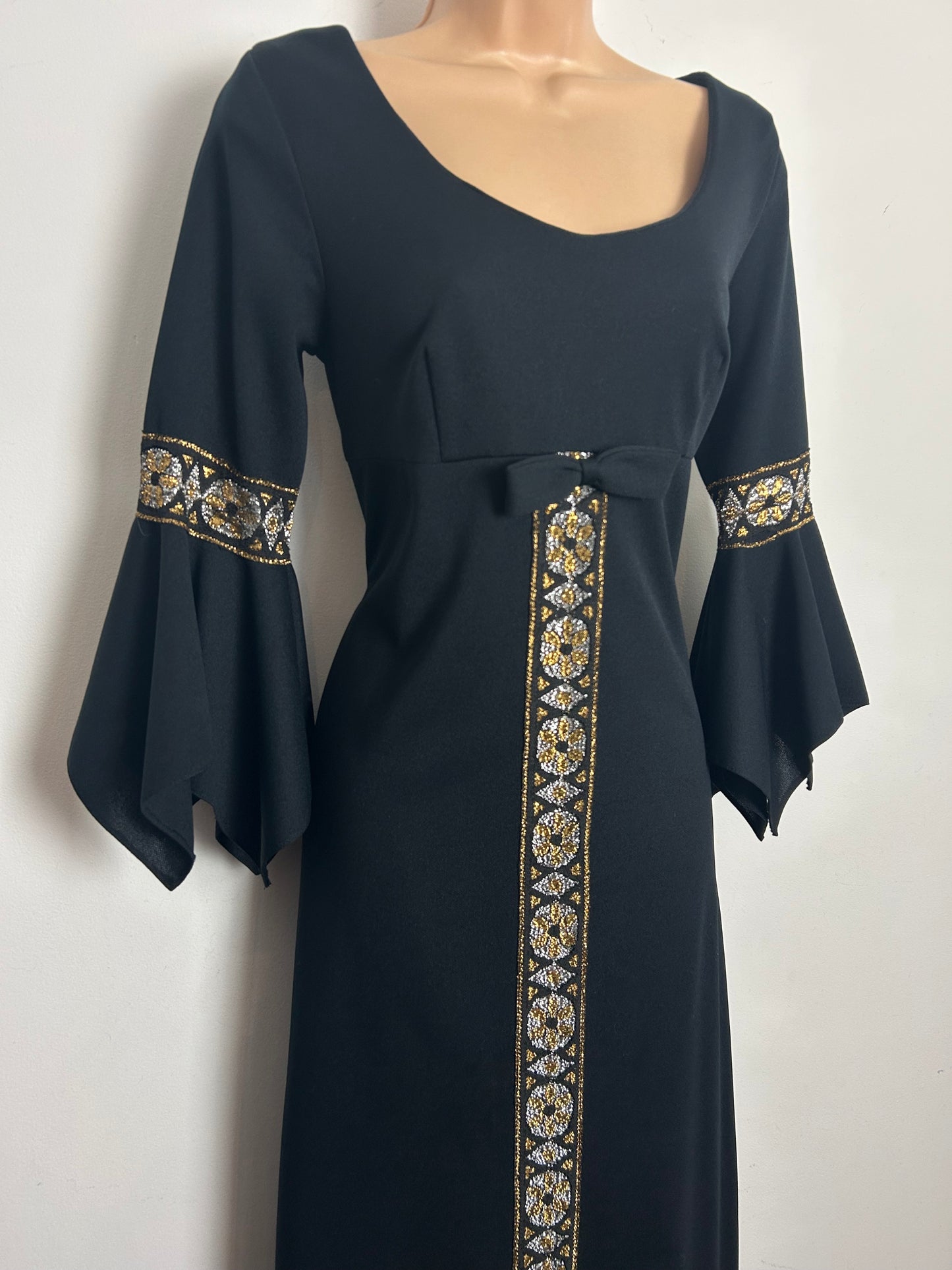 Vintage 1970s Size 8 Black & Metallic Gold & Silver Detail Flared Cuff Evening Maxi Dress
