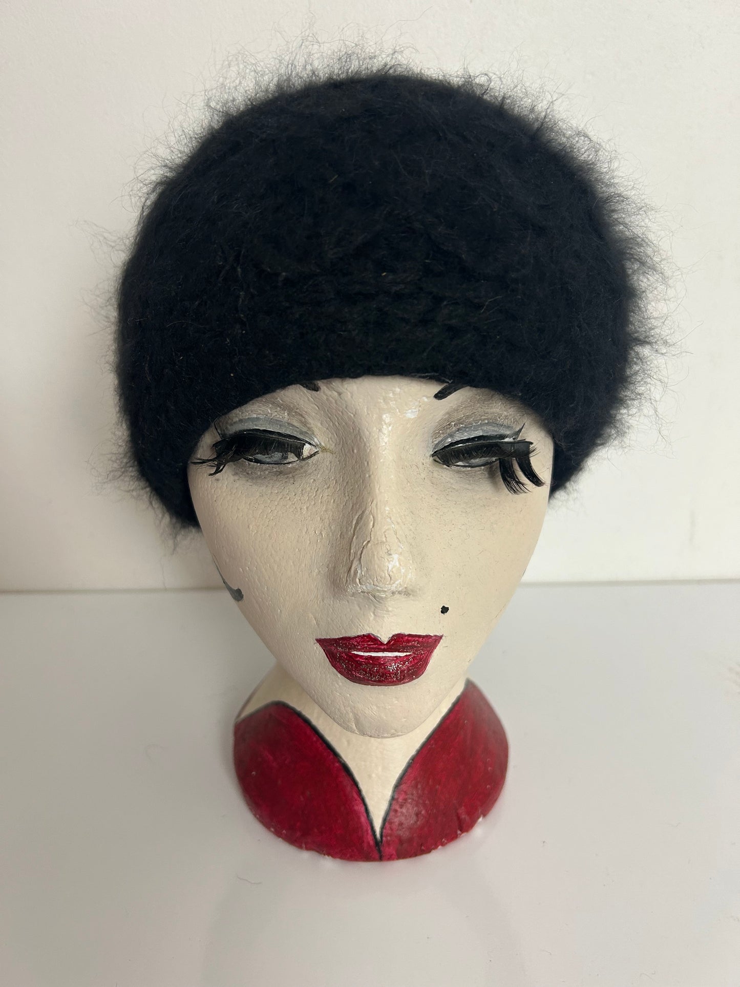 Vintage C&A Black Angora & Wool Mix Handcrafted Beanie Winter Hat