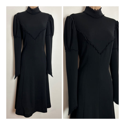 Vintage 1970s UK Size 10 Black Lace Trim Long Juliet Sleeve Victoriana Prairie Boho Midi Dress