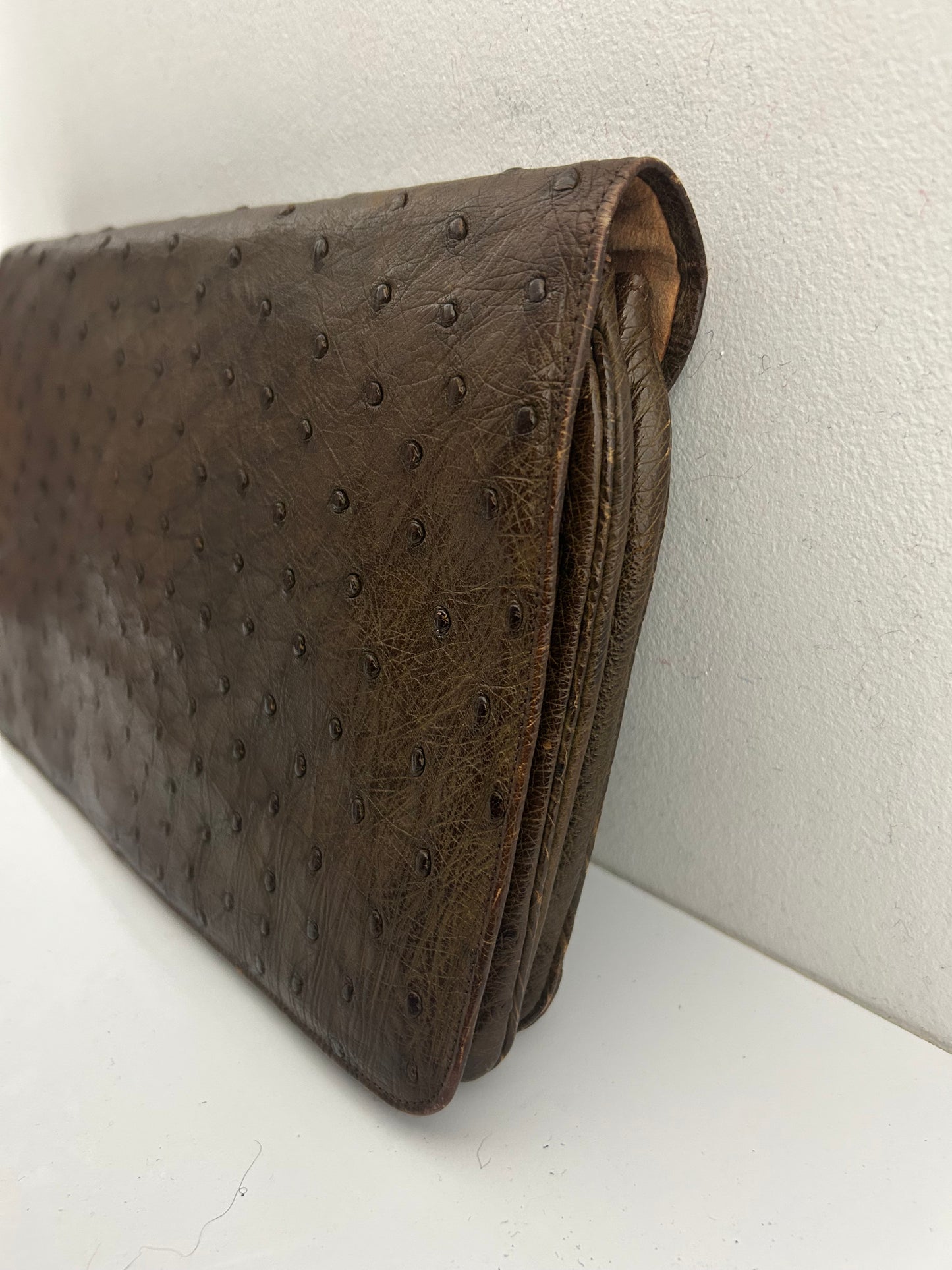 Vintage 1950’s Large Brown Ostrich Leather Clutch Bag With Hand Strap To The Back