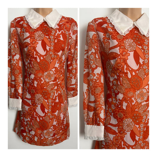 Vintage 1960s Size 8 Orange Tones Floral Print White Collar & Cuffs Mini Mod Dress