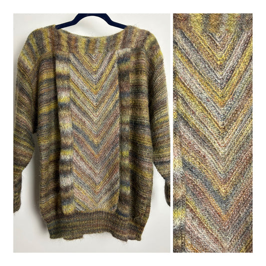 Vintage 1980s BLEYLE ITALY Up To Size 16 Brown & Green Tones Long Sleeve Mohair Mix Jumper