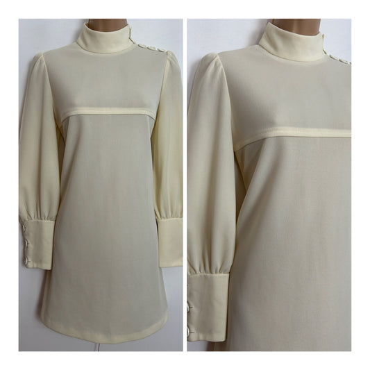 Vintage 1970s UK Size 8-10 Cream Long Sleeve Button Shoulder Mini Mod Shift Dress