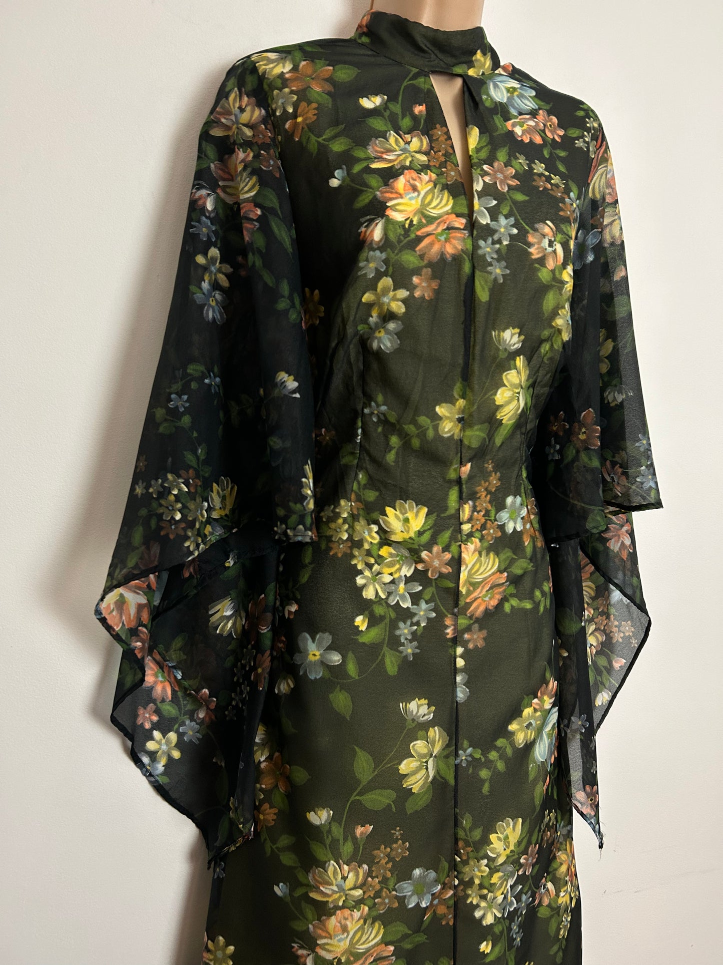 Vintage 1970s UK Size 12 Gorgeous Black Green Orange & Yellow Floral Print Chiffon Long Flared Sleeve Boho Maxi Dress