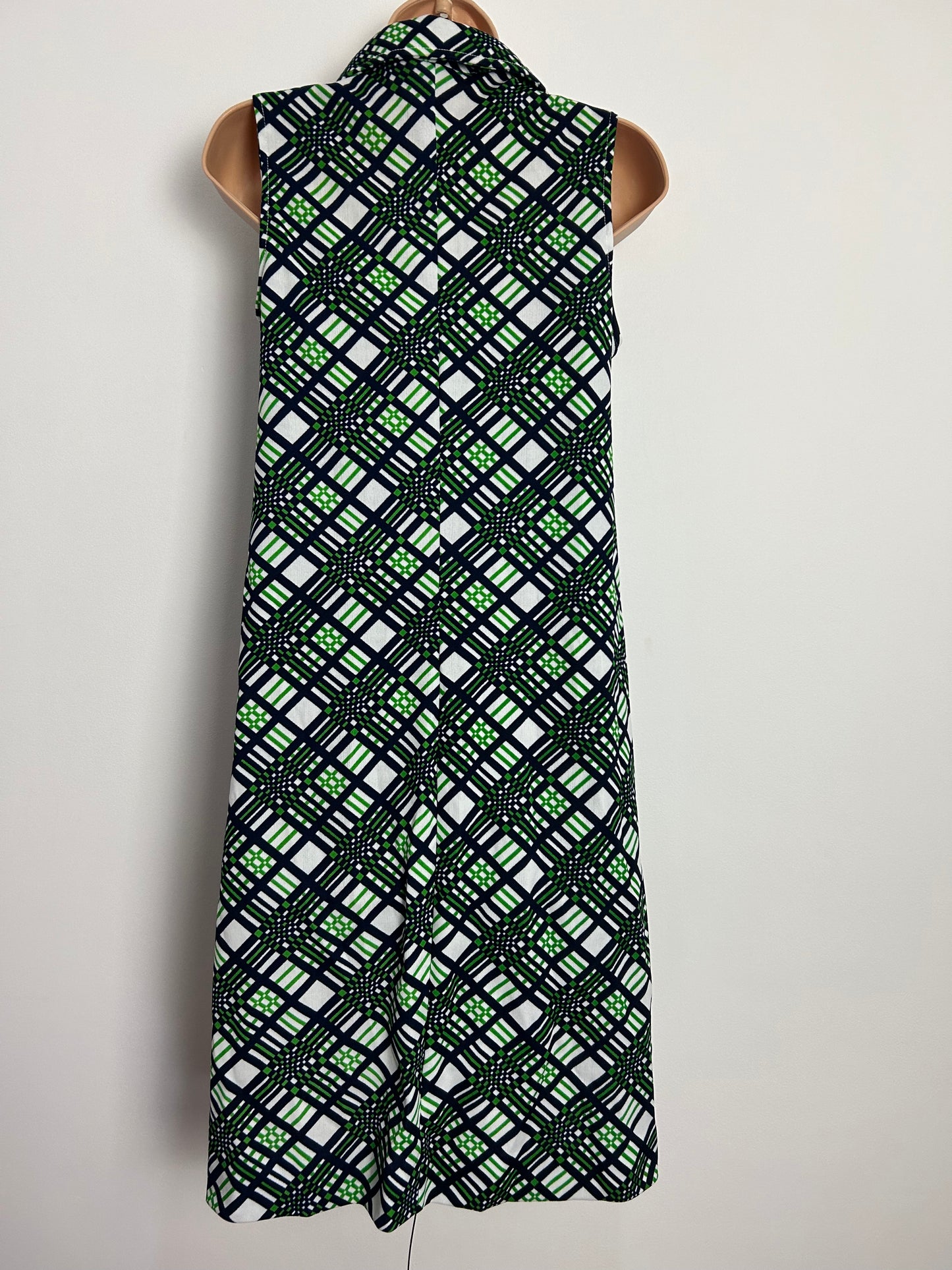 Vintage 1970s UK Size 12 ELIZABETH TEES Blue Green & White Check Print Sleeveless Mod Dress