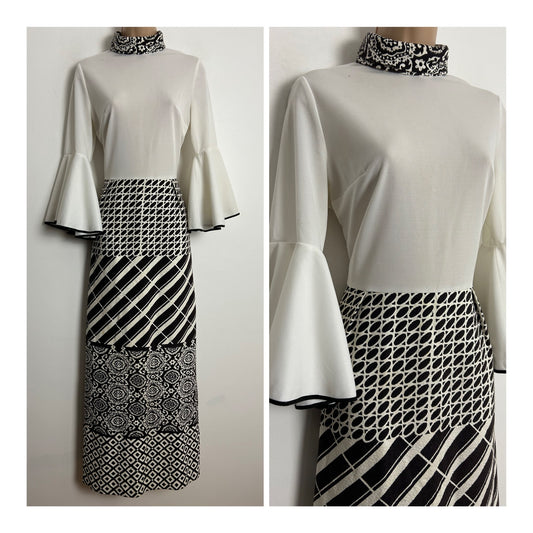 Vintage 1970s TINA WARREN UK Size 12 White & Brown Abstract Print Long Sleeve Flared Cuff Boho Maxi Dress