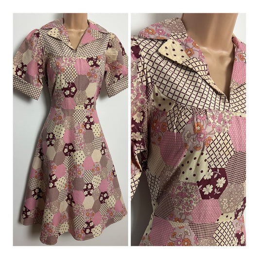 Vintage 1970s VAN ALLEN Size 10 Pink & Beige Tones Patchwork Print Cotton Fit & Flare Day Dress
