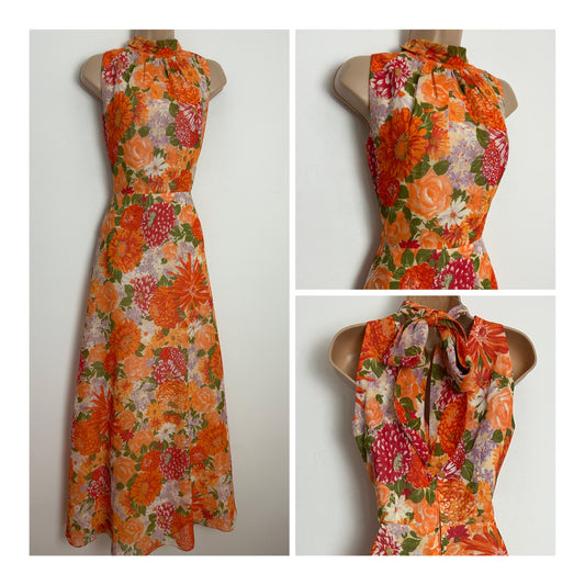 Vintage 1970s Size 8 Beautiful Orange Tones Floral Print Cotton Mix Tie Neck Summer Maxi Dress