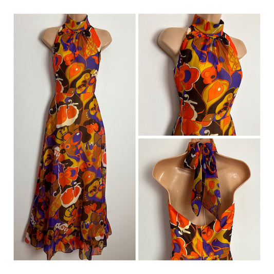 Vintage 1970s UK Size 6 Gorgeous Orange Purple Mustard & Brown Psychedelic Print Halterneck Maxi Dress