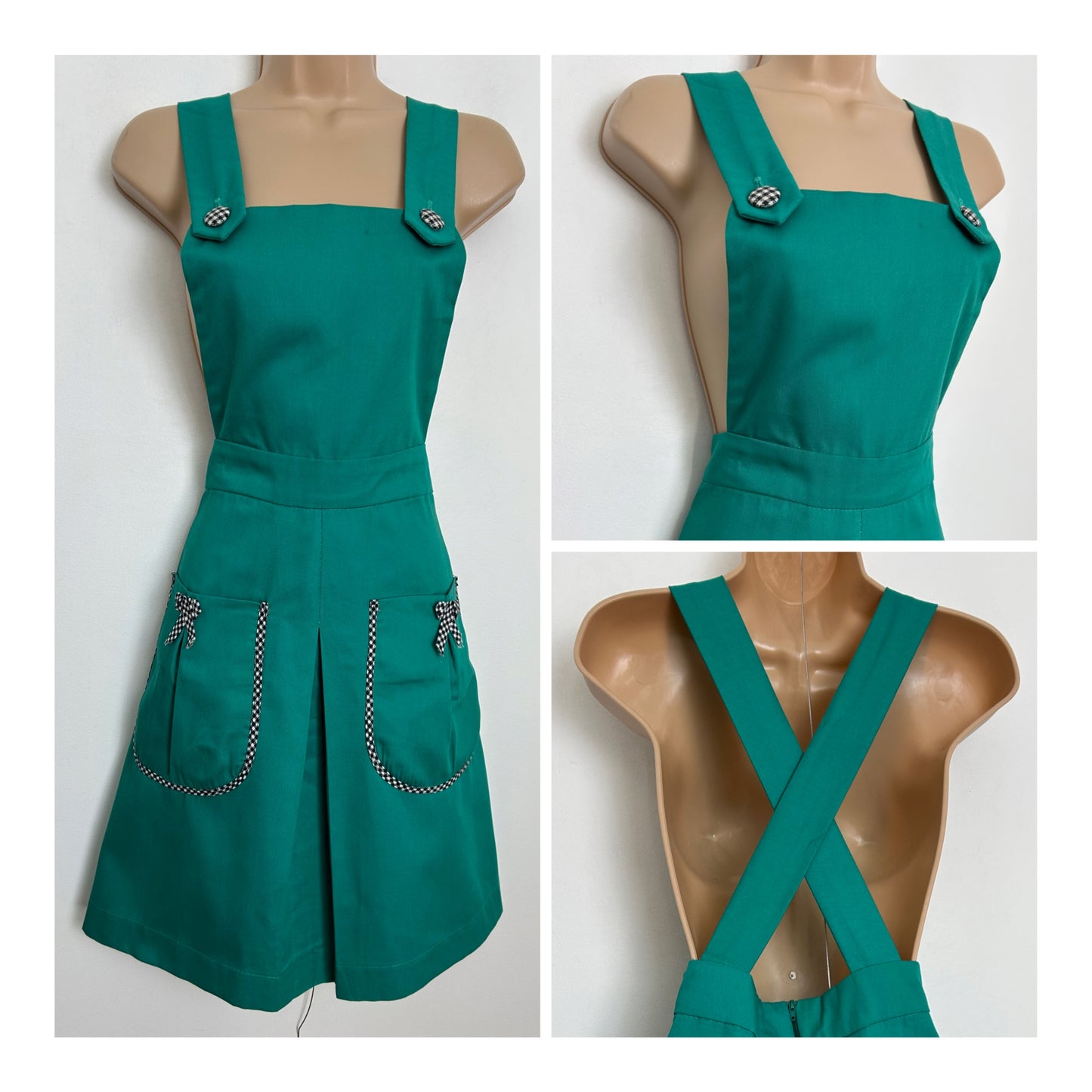 Vintage 1960s Size 10 Dark Green Check Bow Trim Cross Strap Pinafore Dress