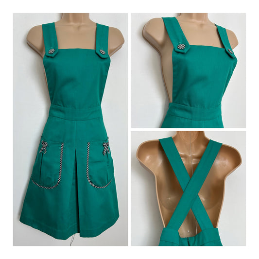 Vintage 1960s Size 10 Dark Green Check Bow Trim Cross Strap Pinafore Dress