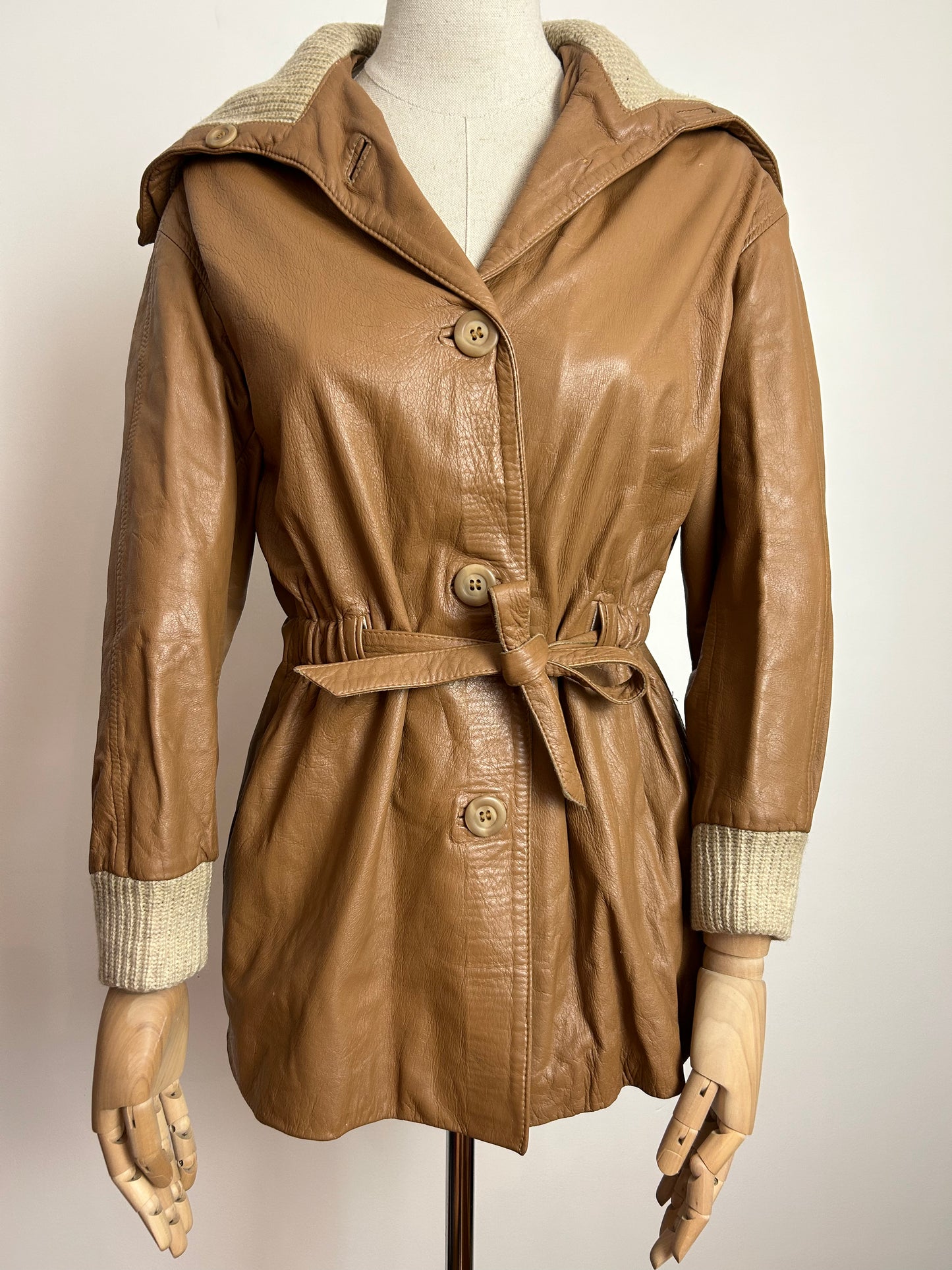 Vintage 1970s McPHAIL & FISHER UK Size 8-10 Caramel Leather & Wool Ribbed Tie Waist Jacket