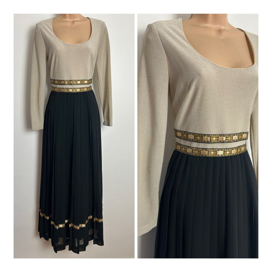 Vintage Late 1960s Early 1970s JEAN ALLEN Size 8-10 Pale Gold & Black Lurex Pleated Occasion Maxi Dress