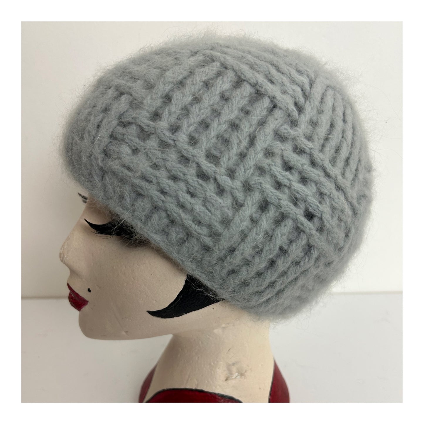 Vintage Grey Wool & Angora Mix Chunky Knit Beanie Or Beret Style Handmade Hat