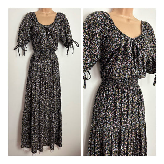 Vintage 1970s C&A UK Size 8-10 Black Blue & Pink Ditsy Floral Print 100% Cotton Short Sleeve Prairie Boho Maxi Dress