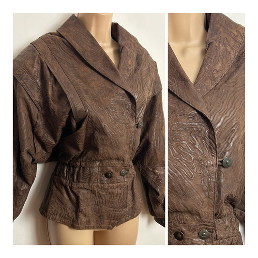 Vintage 1980s UK Size 12 Brown Leather Animal Print Fully Lined Bat Wing Jacket