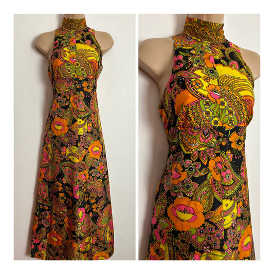 Vintage 1970s UK Size 8 Black Orange Pink & Yellow Psychedelic Floral Print Sleeveless Midi Dress