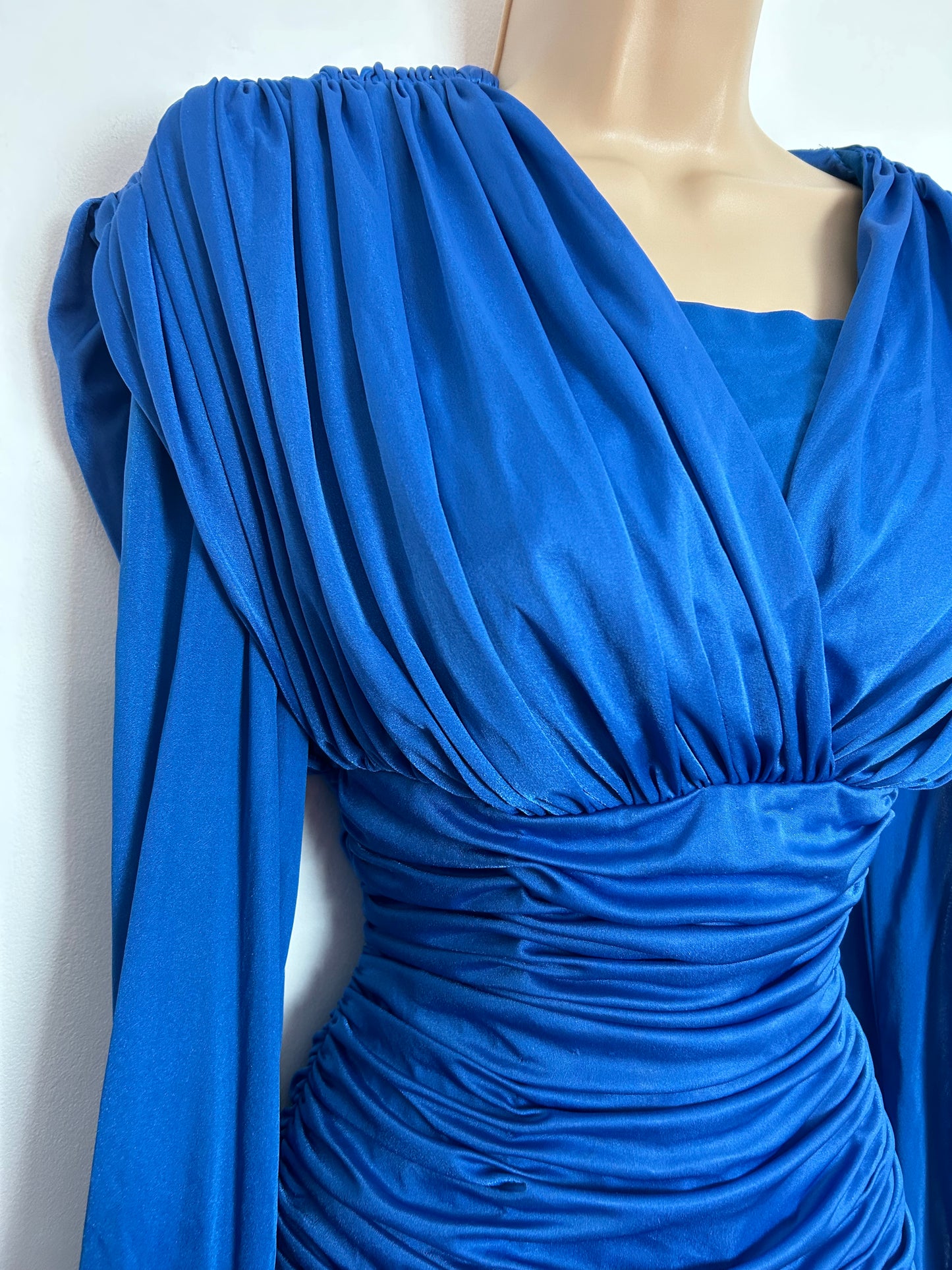 Vintage 1980s UK Size 10 CREATION JOLIE Royal Blue Ruched Draped Maxi Length Occasion Evening Dress