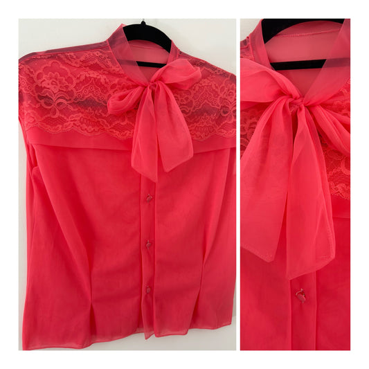 Vintage 1960s Parisian Size 12 Dark Coral Pink Lace Shoulder Detail Pussy Bow Nylon Blouse