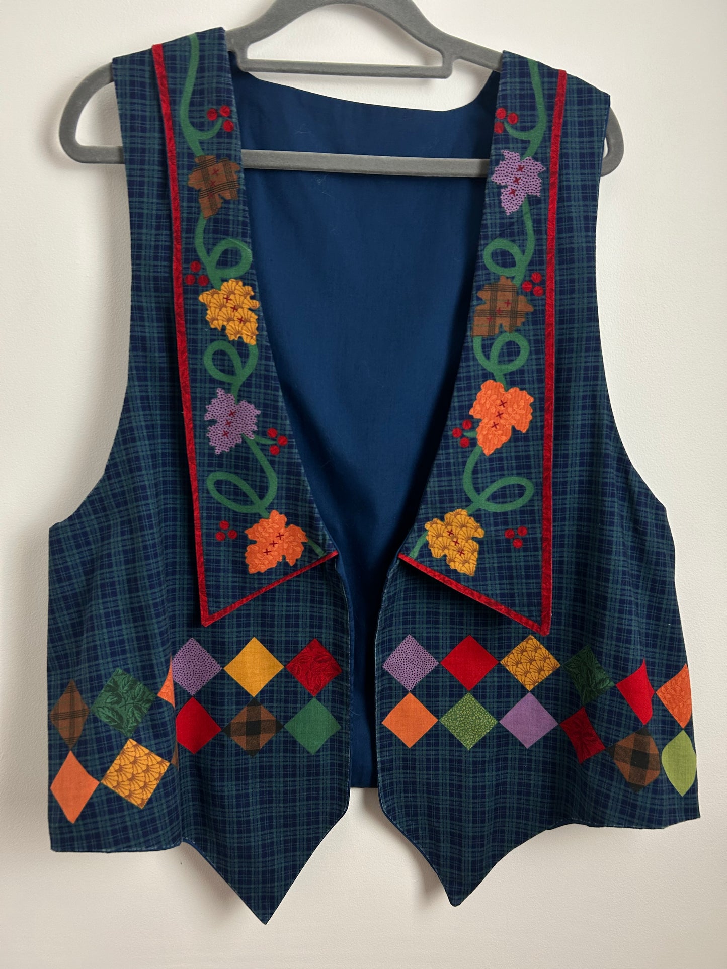 Vintage 1980s UK Size 14-16 Blue & Green Check Diamond, Leaf & Fruit Print Cotton Open Fronted Waistcoat