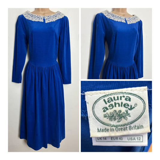 Vintage 1980s LAURA ASHLEY UK Size 12 (Size 14 On Label) Royal Blue Needlecord Cotton Lace Collar Midi Dress