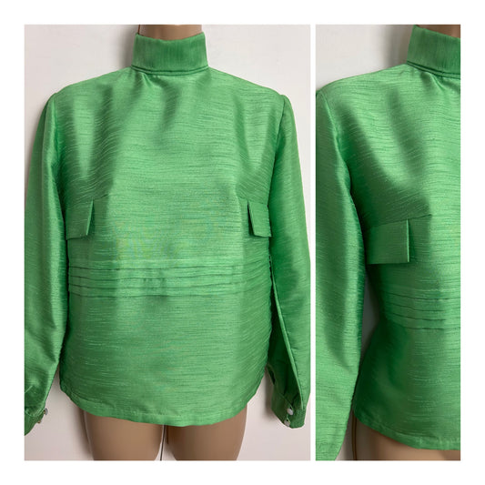 Vintage 1960s Size 10-12 Lime Green High Neck Long Sleeve Horizontal Pleat Detail Boxy Top