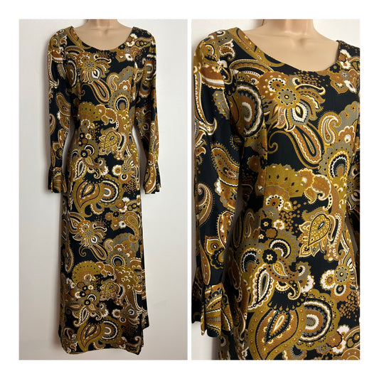 Vintage Late 1960s ELIZABETH TEES UK Size 14 Black Brown & Olive Green Floral Paisley Print Maxi Dress