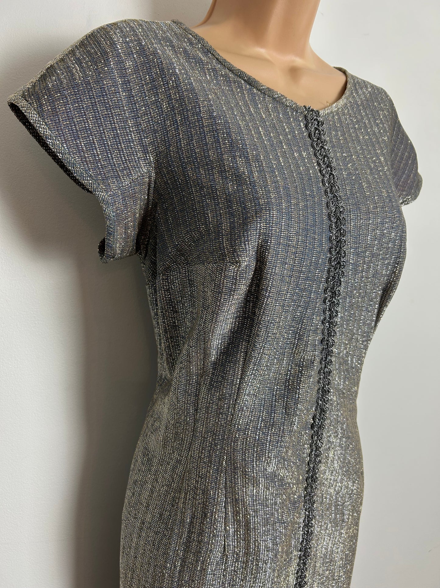 Vintage 1960s BERBRIGHT LONDON Size 12 Silver Lurex Braid Trim Evening Party Dress & Matching Cropped Jacket