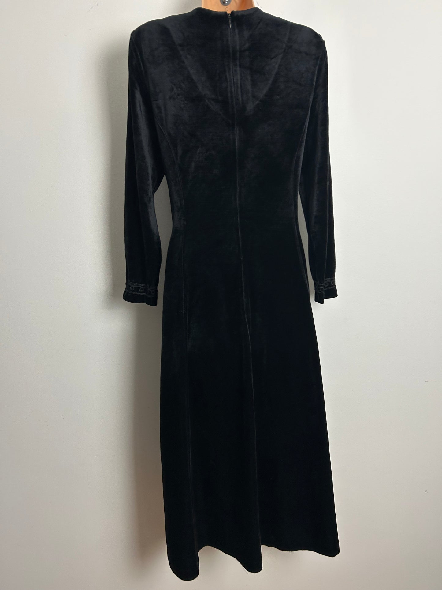 Vintage 1980s GINA BACCONI Size 14-16 Black Velour Velvet Braid Trim Long Sleeve Occasion Evening Midi Dress (Reduced due to issue)