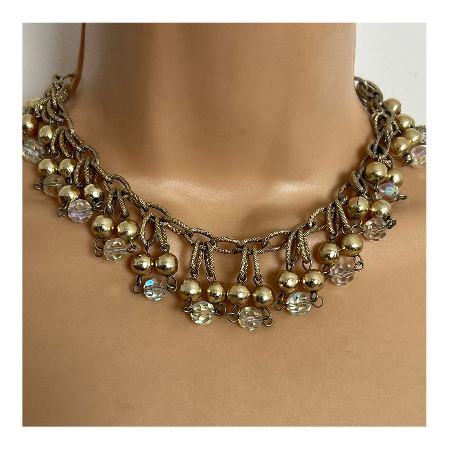 Vintage 1960s Gold Tone Base Metal Glass & Metal Bead Droplets Choker Necklace