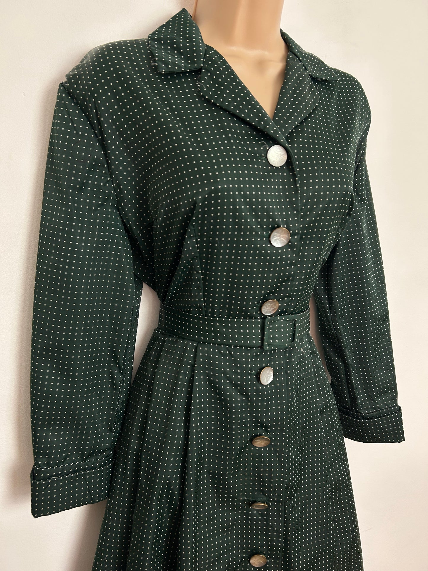 Vintage Late 1950s UK Size 14 Dark Green Polka Dot Pleated Belted Pleated Day Dress