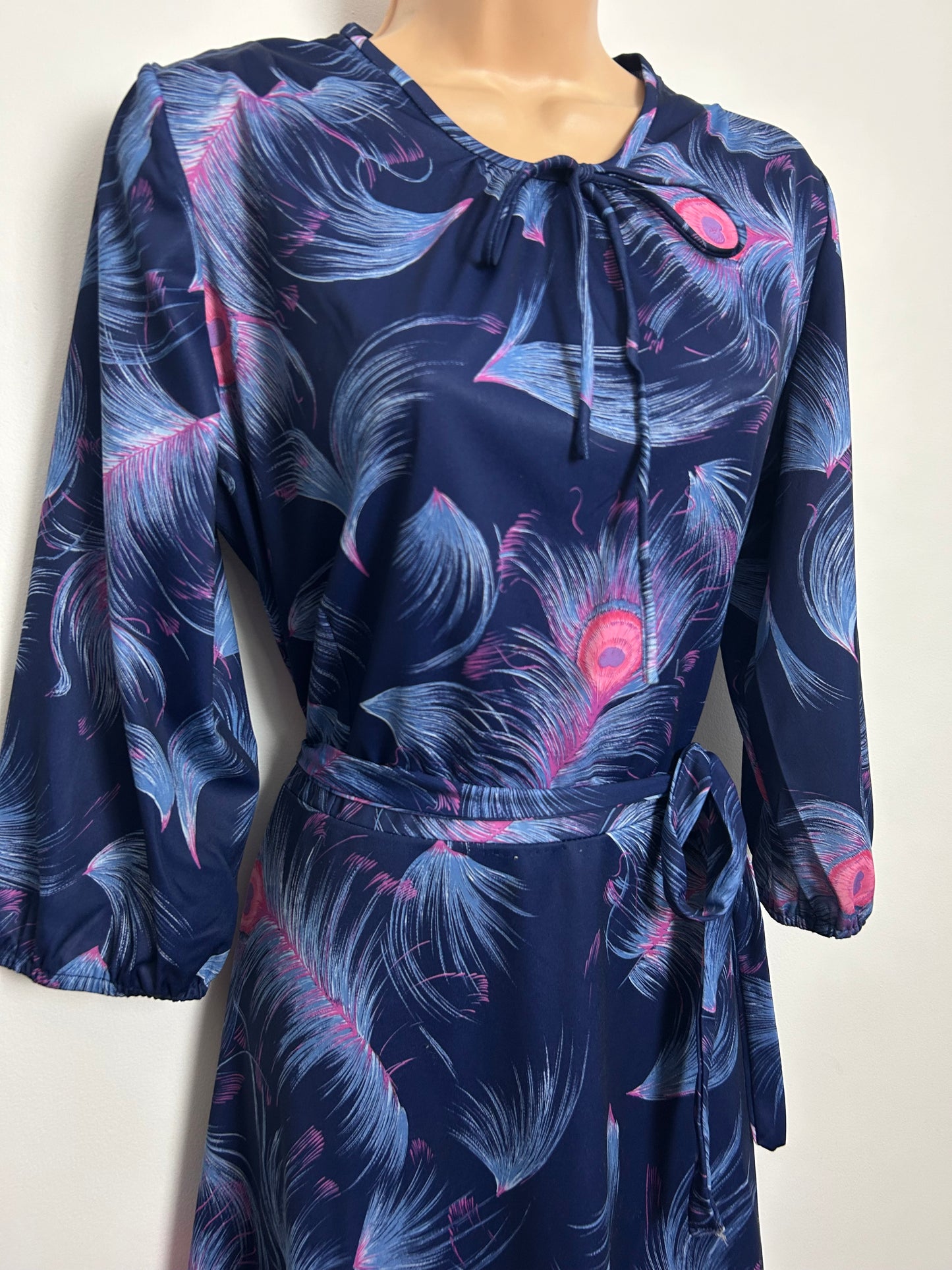 Vintage Early 1980s HEATHER VALLEY Size 14 Navy Blue & Pink Peacock Feather Belted Day Dress