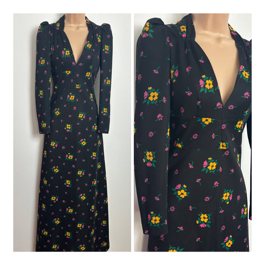 Vintage 1970s Size 8 Black Yellow & Pink Floral Print Long Sleeve Puffed Shoulder Maxi Dress