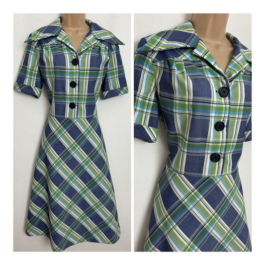 Vintage 1970s Size 12 Blue & Green Check Print Dagger Collar Short Sleeve Mod Day Dress