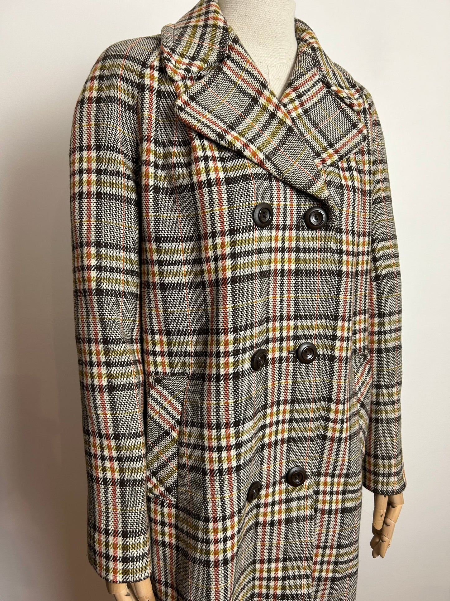 Vintage LAURE OF LEICESTER UK Size 14-16 Brown Cream & Rust Check Double Breasted Winter Coat