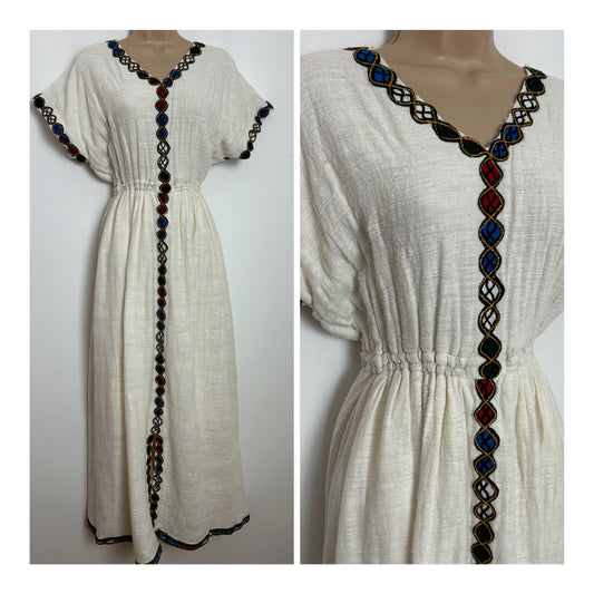Vintage 1970s One Size Up To Size 14 Cream Natural Woven Cotton Braid Trim Short Sleeve Kaftan Festival Maxi Dress