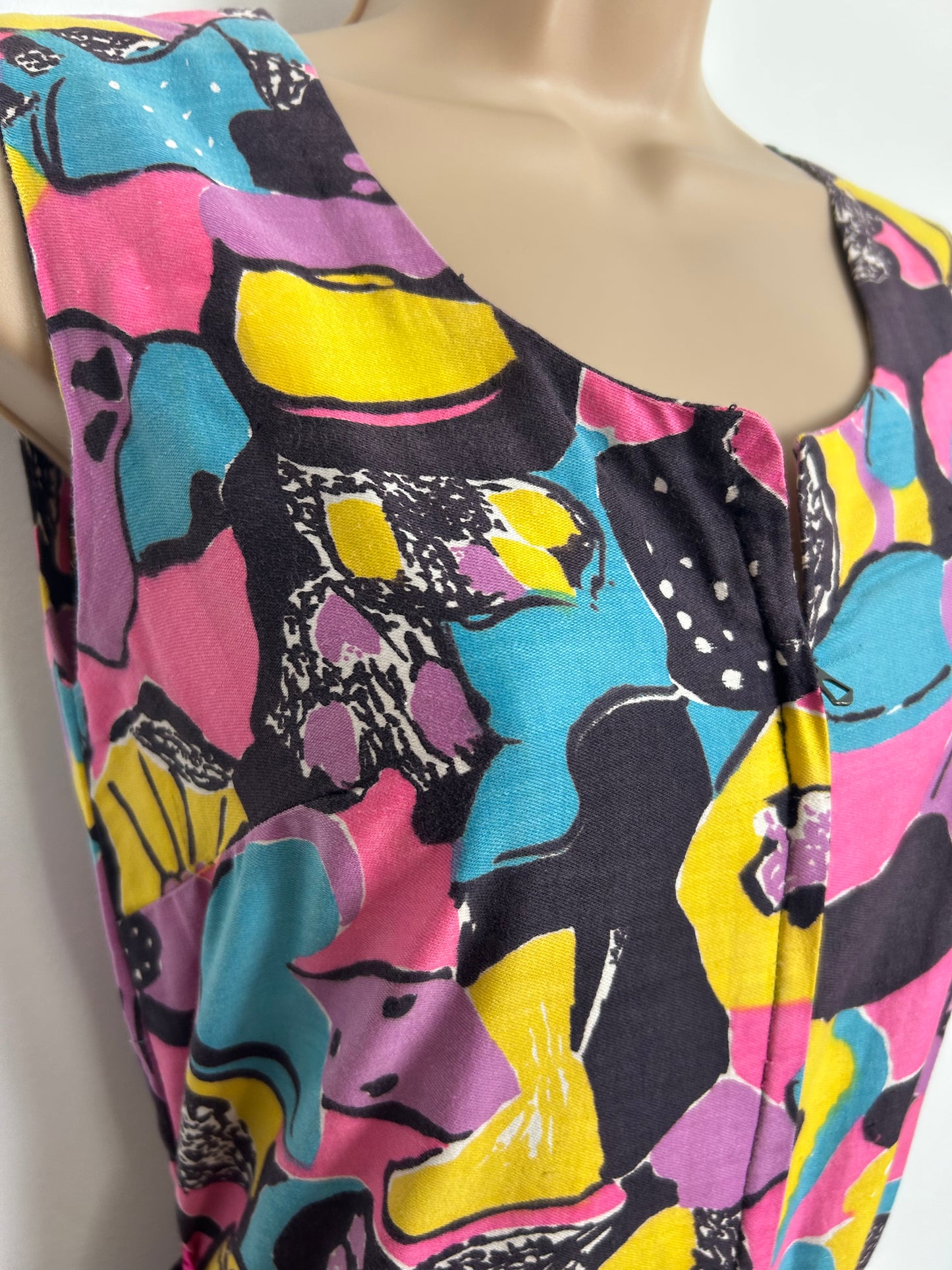 Vintage 1970s 12 Black Blue Yellow & Pink Psychedelic Floral Print Cotton Wide Leg Jumpsuit