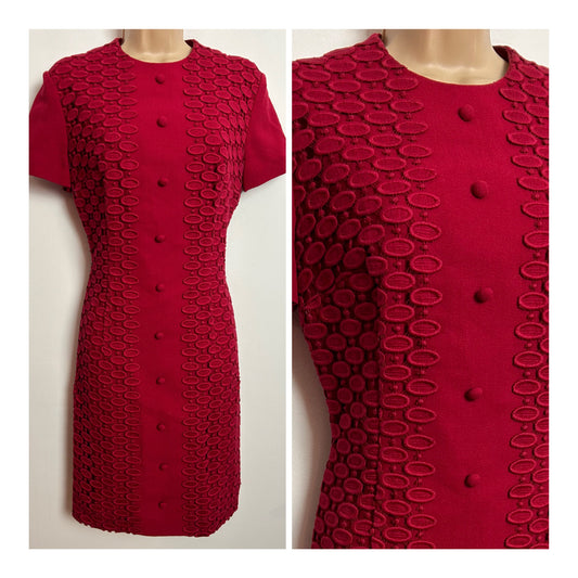 Vintage 1960s UK Size 10 Red Embroidered Lace Short Sleeve Wool Mix Mod Shift Dress