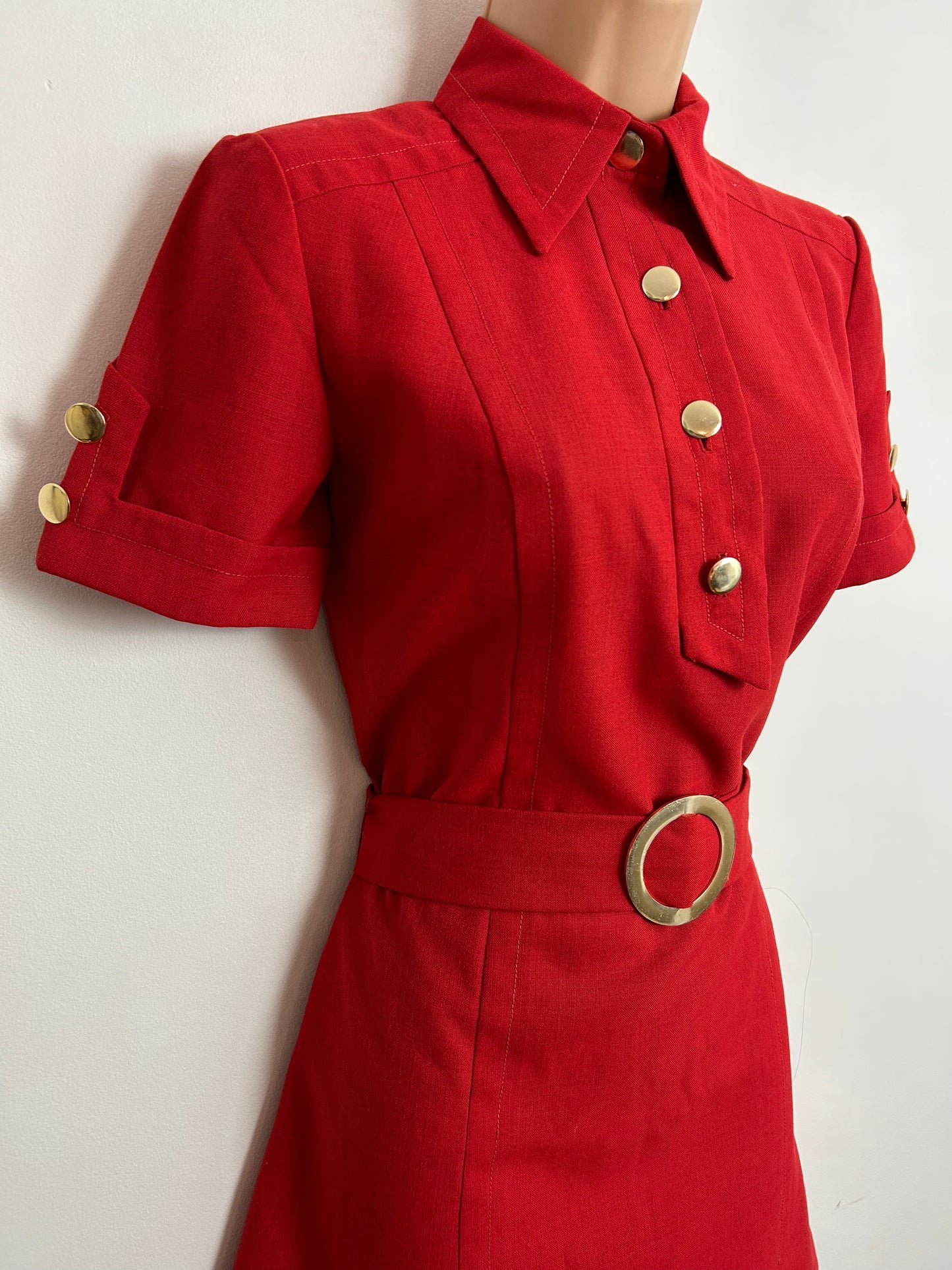 Vintage Early 1970s UK Size 8-10 Red Cotton Mix Shirt Style Belted Mini Mod Dress